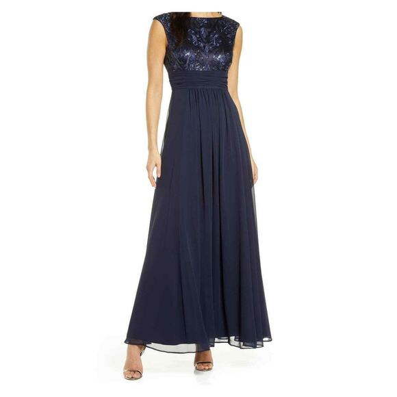 Eliza J Lace Sequin Chiffon Cap Sleeve Formal Gown Size 0 Navy NWT Formal dress - Picture 5 of 7